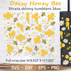 Full Wrap Daisy Honey Bee for Strata Skinny Tumblers 16oz SVG, Cut file for Cricut and Silhouette Instant Download