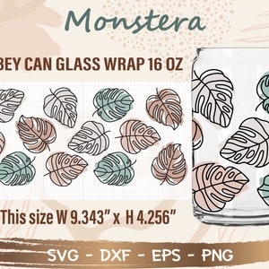 Monstera Libbey Can Glass Wrap svg, DIY for Libbey Can Shaped Beer Glass 16 oz cut file for Cricut and Silhouette Instant Download