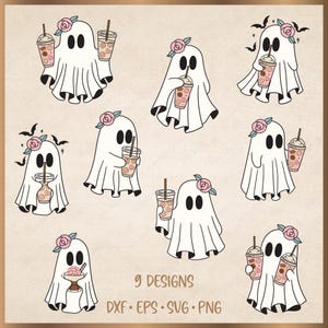 Cute ghost with ice coffee SVG Bundle 9 Designs, Boo svg, Halloween svg, Files for Cricut, silhouette, Instant Download