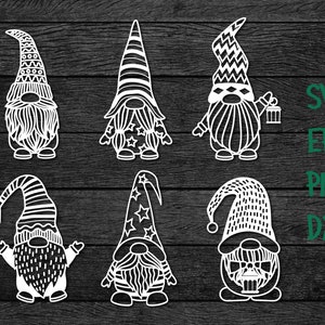 May include: Set of six black and white gnome illustrations with various patterns on their hats. The gnomes are standing on a woodgrain background.