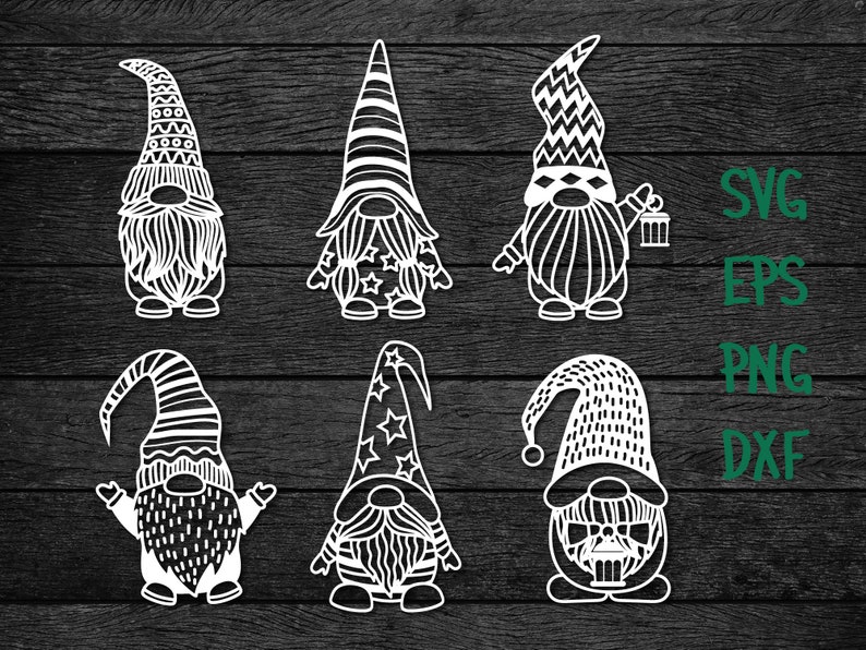 May include: Set of six black and white gnome illustrations with various patterns on their hats. The gnomes are standing on a woodgrain background.