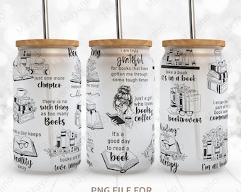 Book Lover PNG, DIY for 16 oz Libbey Glass Can Wrap, PNG Sublimation Designs Digital Download
