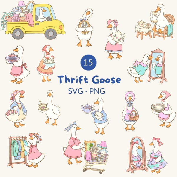 Thrift Goose SVG-bundel, grappige gans Clipart PNG, Cricut silhouetbestanden, boerderijdieren ontwerpen, DIY Craft downloaden