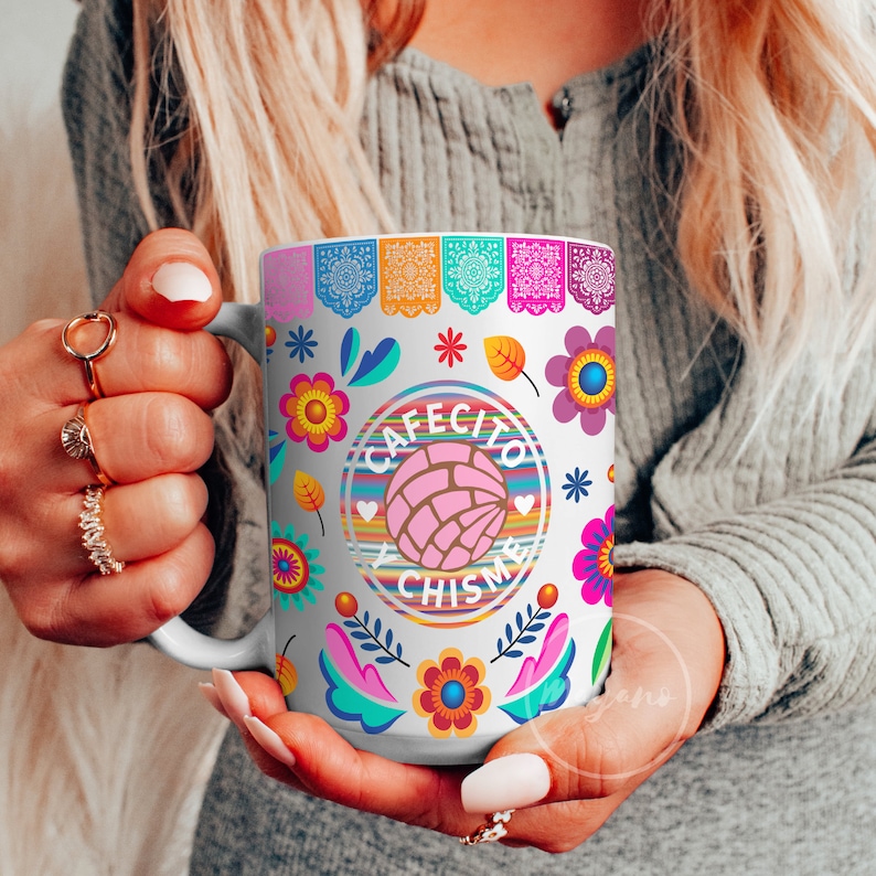 15oz coffee mug featuring a colorful Cafecito Y Chisme design with concha pan, flowers, hearts, and vibrant Mexican folk art elements. Ideal for sublimation printing.