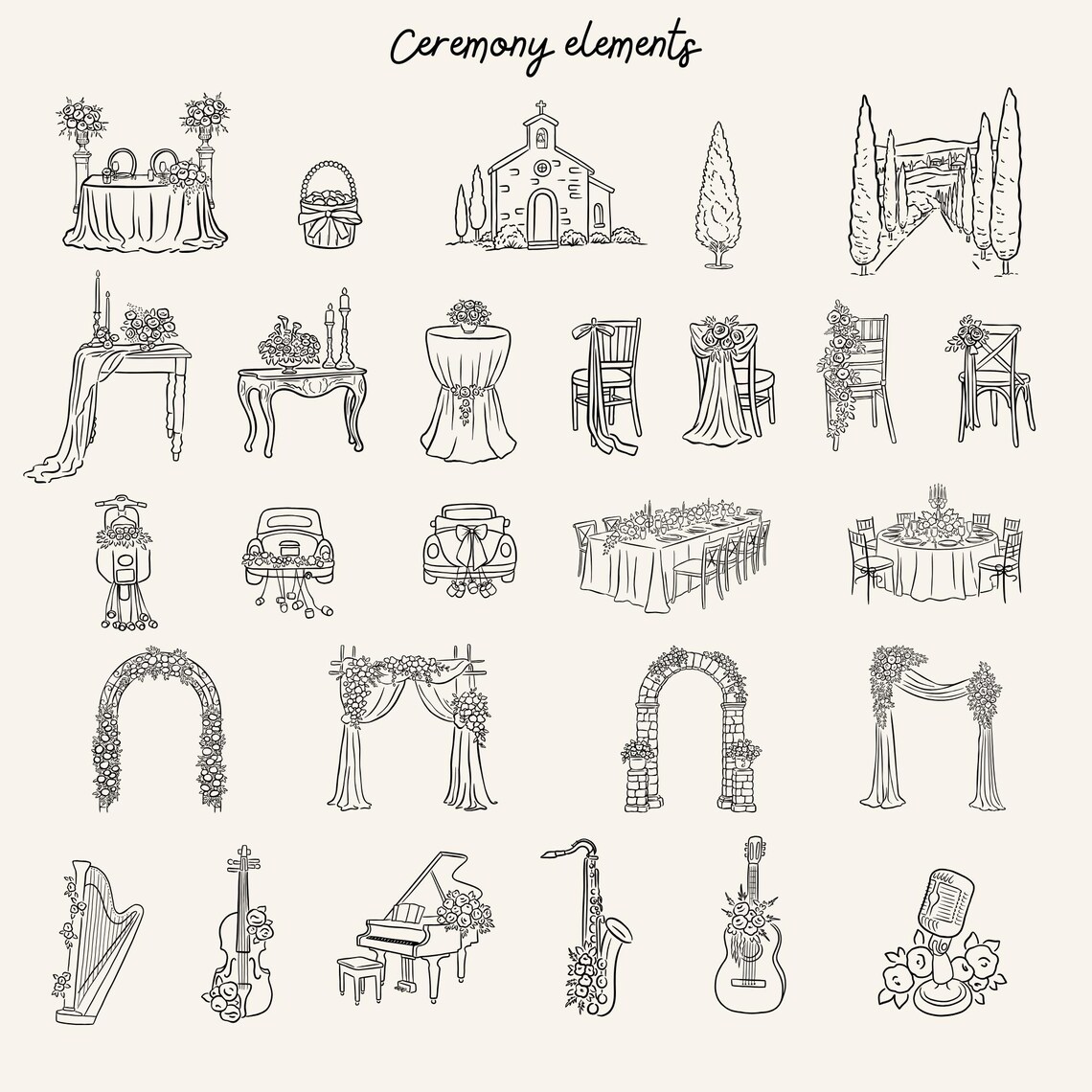 Hand Drawn Wedding Icons SVG PNG Bundle Romantic Wedding Clipart Set ...