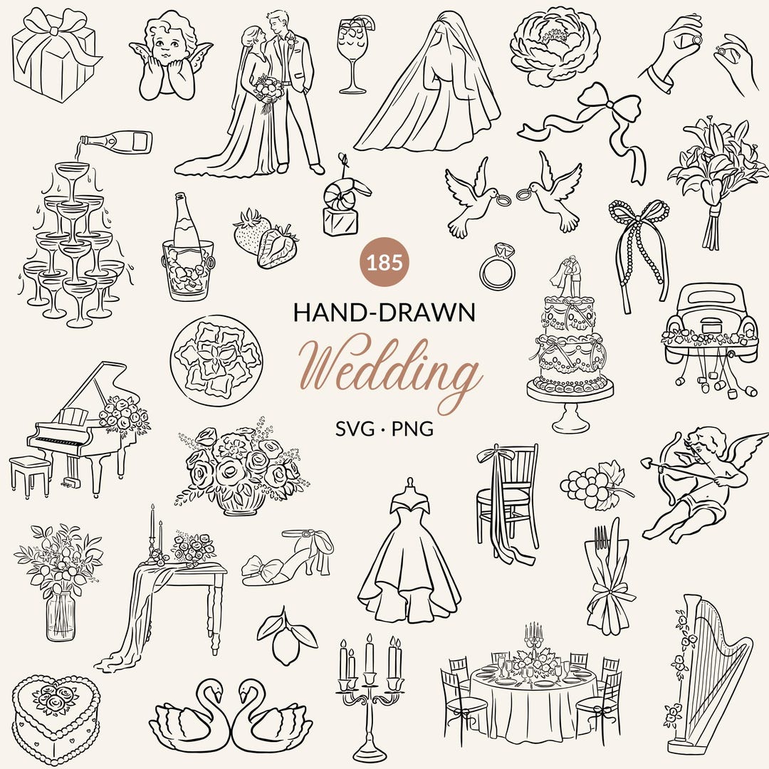 Hand Drawn Wedding Icons SVG PNG Bundle Romantic Wedding Clipart Set ...
