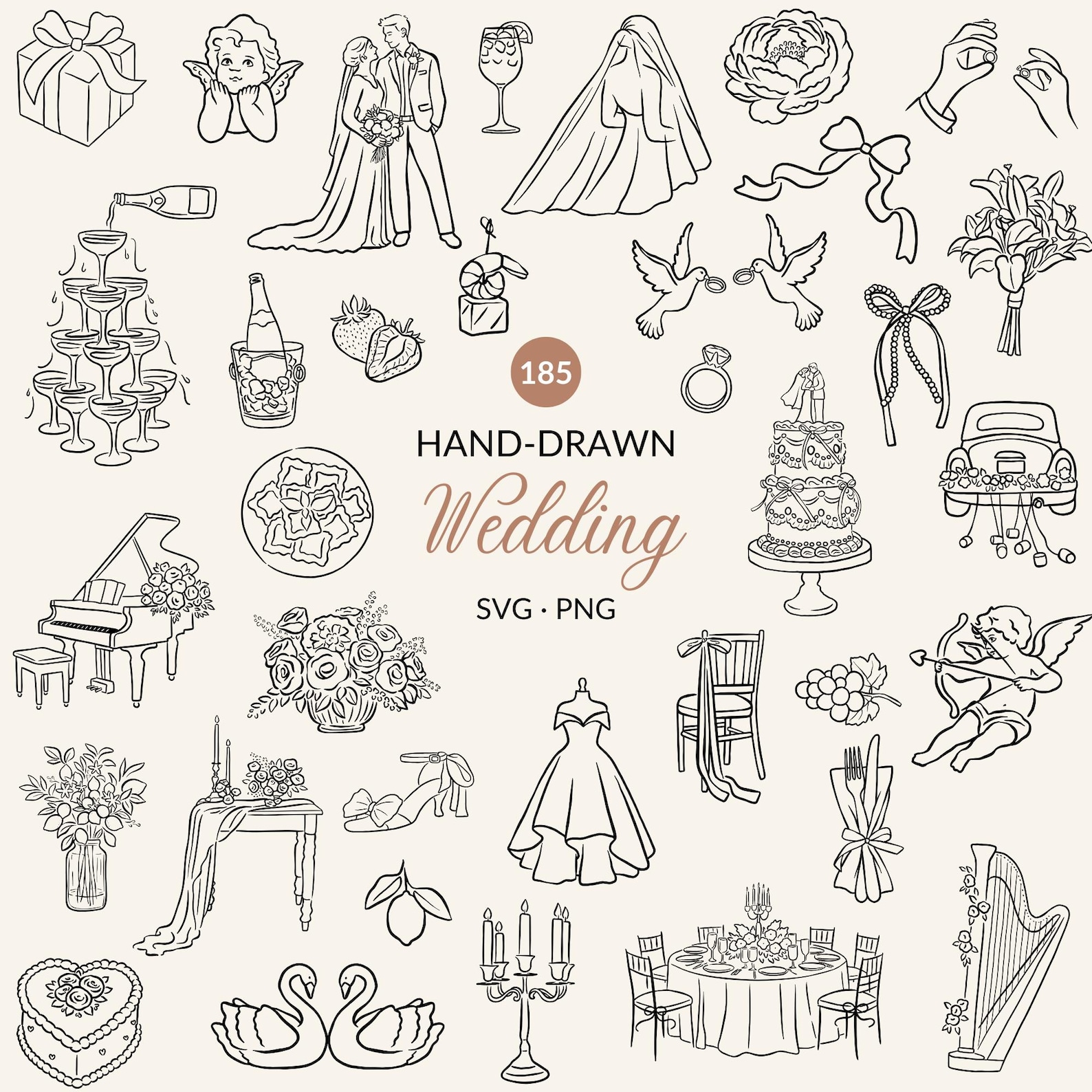 Hand Drawn Wedding Icons SVG PNG Bundle Romantic Wedding Clipart Set ...