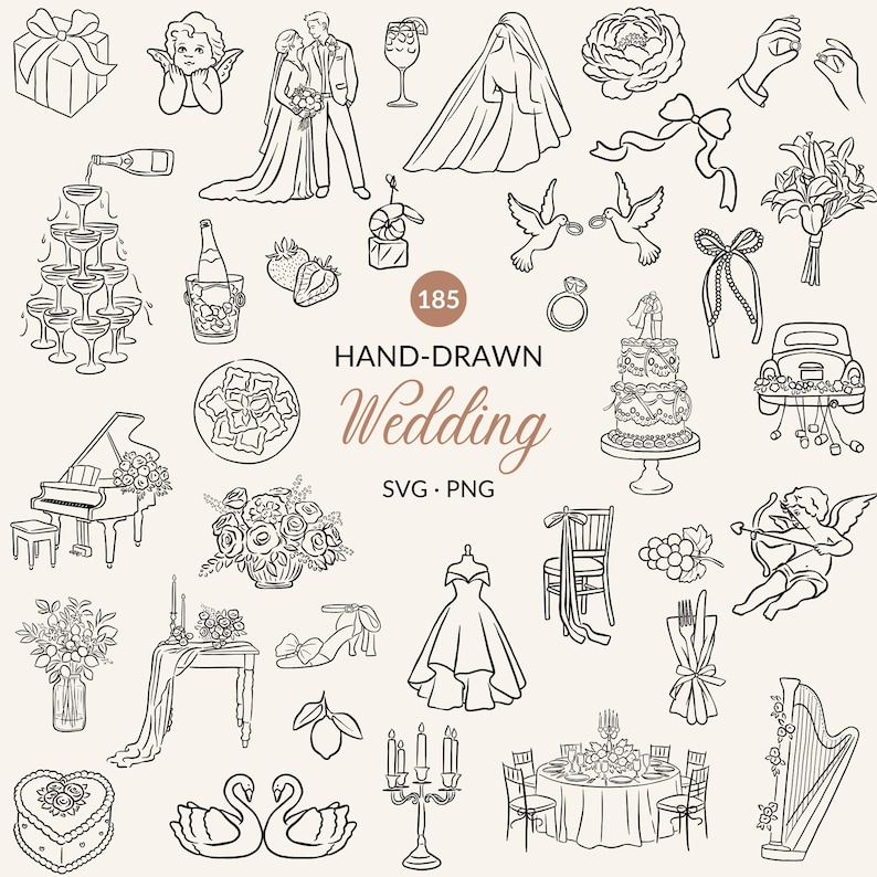 Hand Drawn Wedding Icons SVG PNG Bundle Romantic Wedding Clipart Set ...