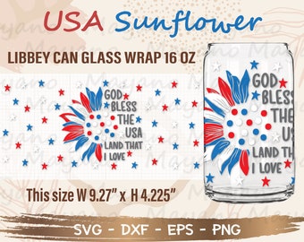 USA Sunflower Can Glass Wrap svg, DIY für Libbey Can Shaped Beer Glass 16 oz Cut File für Cricut und Silhouette Instant Download