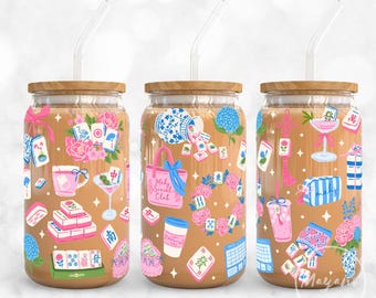 Mahjong Social Club 16oz Can Glass Wrap PNG, Preppy Mahjong Floral Design, Pink Blue Chinoiserie Glass Wrap Sublimation