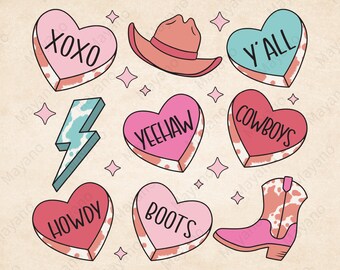 Puede incluir: Un conjunto de nueve pegatinas en forma de corazón rosa, rojo y azul con varias frases de temática vaquera, incluyendo "XOXO", "Y'ALL", "COWBOYS", "HOWDY", "YEEHAW" y "BOOTS". También hay una pegatina de rayo azul y una pegatina de bota vaquera rosa.