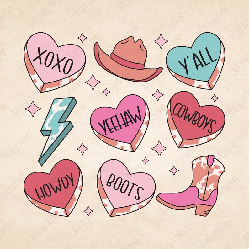 Peut inclure: Un ensemble de neuf autocollants en forme de c&oelig;ur rose, rouge et bleu avec diff&eacute;rentes phrases sur le th&egrave;me du cow-boy, notamment "XOXO", "Y'ALL", "COWBOYS", "HOWDY", "YEEHAW" et "BOOTS". Il y a aussi un autocollant en forme d'&eacute;clair bleu et un autocollant en forme de botte de cow-boy rose.