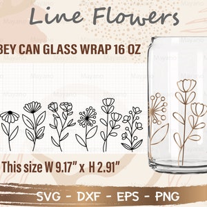 Line Flowers Libbey Can Glass Wrap svg, DIY for Libbey Can Shaped Beer Glass 16 oz cut file for Cricut and Silhouette Instant Download