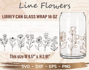 Line Flowers Libbey Can Glass Wrap svg, DIY for Libbey Can Shaped Beer Glass 16 oz cut file for Cricut and Silhouette Instant Download