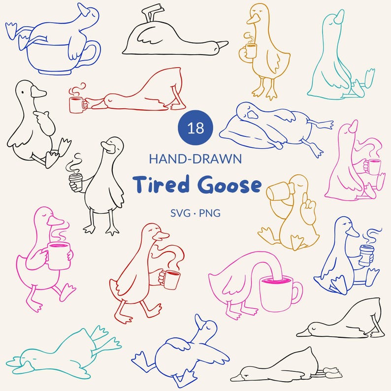Tired Goose SVG Bundle, Funny Lazy Goose Clipart, Outline Goose SVG PNG ...