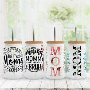 Mom Bundle 4 Designs 16 oz Libbey Glass Can PNG, Mom Life ,Mother&#39;s Day, Mom Floral PNG, Sublimation Designs, Digital Download
