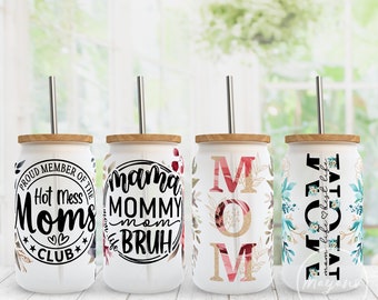 Mom Bundle 4 Designs 16 oz Libbey Glass Can PNG, Mom Life ,Mother's Day, Mom Floral PNG, Sublimation Designs, Digital Download