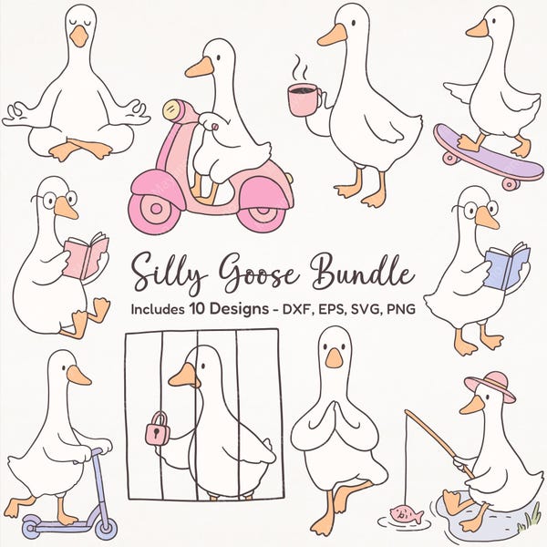 Silly Goose SVG-bundel – 10 grappige lijntekeningenontwerpen, schattige gans clipart, minimale gans SVG voor de Cricut en Silhouette, Instant Download