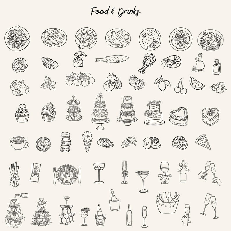 Hand Drawn Wedding Icons SVG PNG Bundle Romantic Wedding Clipart Set ...