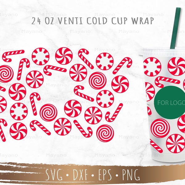 Candy Cane SVG, Full Wrap 24 oz Venti Cold Cup, SVG Cut files for Cricut, Silhouette, Digital Download