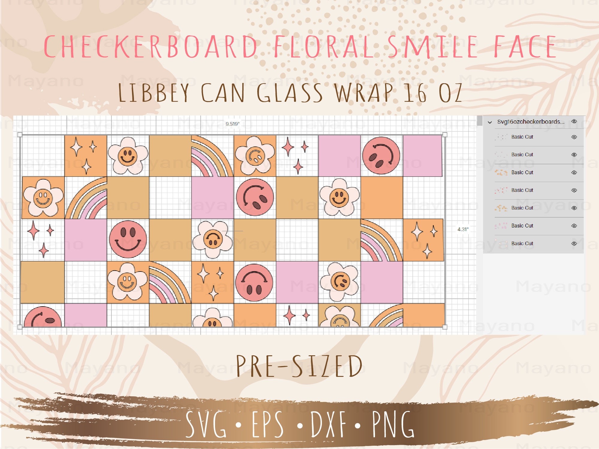 Checkerboard Floral Smile Face Can Glass Wrap Svg, DIY for