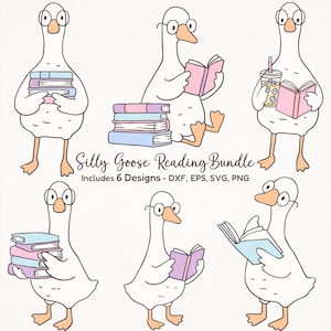 Silly Goose Reading Bundle – 6 Cute Goose Designs, Minimal Goose Clipart for Cricut and Silhouette, dxf, eps, svg, png, instant download