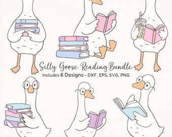 Silly Goose Reading Bundle – 6つのかわいいガチョウのデザイン、CricutとSilhouette用のミニマルなガチョウのクリップアート、dxf、eps、svg、png、即時ダウンロード