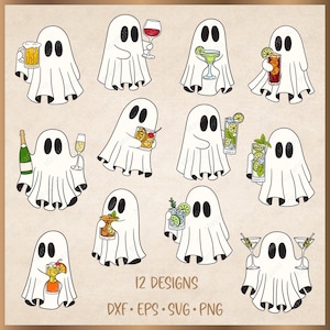 Könnte beinhalten: Eine Sammlung von 12 Cartoon-Geister-Designs, die jeweils ein anderes Getränk halten, darunter Bier, Wein und Cocktails. Die Geister sind weiß mit schwarzen Augen. Das Bild enthält auch den Text "12 DESIGNS" und Dateitypinformationen.
