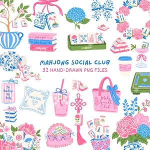 May include: A collection of hand-drawn illustrations featuring mahjong tiles, blue and white porcelain, pink floral arrangements, books labelled 'just a girl who loves mahjong', a tote bag, and a cup with the text 'MAHJONG SOCIAL CLUB 32 HAND-DRAWN PNG FILES'.