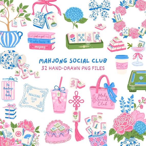 Mahjong Clipart Bundle, Mahjong Social Club PNG, 32 Hand Drawn Mahjong Tiles and Game Night Illustrations