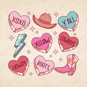 Peut inclure: Un ensemble de neuf autocollants en forme de c&oelig;ur rose, rouge et bleu avec diff&eacute;rentes phrases, notamment "XOXO", "Howdy", "Yeehaw", "Boots", "Cowboys" et "Y'all". Il y a aussi un autocollant en forme d'&eacute;clair bleu et un autocollant en forme de botte de cowboy rose.