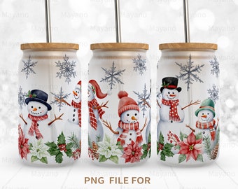 Pupazzo di neve di Natale PNG, fai da te per involucro di lattine di vetro Libbey da 16 once, download digitale di disegni di sublimazione PNG