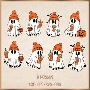 Сute ghost with ice coffee SVG Bundle 8 Designs, Boo svg, Halloween svg, Files for Cricut, silhouette, Instant Download