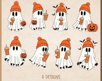 Сute ghost with ice coffee SVG Bundle 8 Designs, Boo svg, Halloween svg, Files for Cricut, silhouette, Instant Download