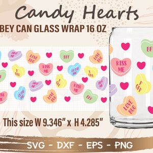Candy Hearts Libbey Can Glass Wrap svg, DIY para Libbey Can Shaped Beer Glass arquivo de corte de 16 onças para Cricut e Silhouette Download instantâneo