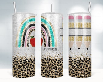 20oz Skinny Tumbler Rainbow Teacher Life Pencil Monogram Leopard Sublimation Designs For Straight Tapered tumbler PNG File Digital Download