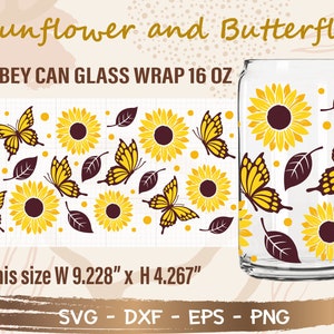 Sunflower and Butterfly Can Glass Wrap svg, DIY für Libbey Can Shaped Beer Glass 16 oz Cut File für Cricut und Silhouette Instant Download