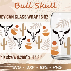 Bull Skull Can Glass Wrap svg, DIY for Libbey Can Shaped Beer Glass 16 oz cut file for Cricut and Silhouette Instant Download