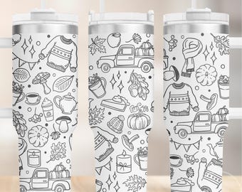 40oz Tumbler Fall Autumn Doodles Wrap SVG, Fall Pumpkin - Perfect for Laser Engraving & Full Wrap, Digital Download