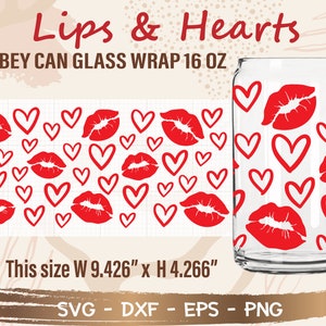 Lips & Hearts Libbey Can Glass Wrap svg, DIY para Libbey Can Shaped Beer Glass arquivo de corte de 16 onças para Cricut e Silhouette Download instantâneo