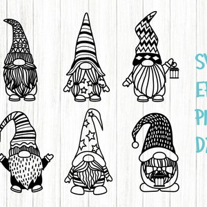 May include: Set of six black and white gnome SVG cut files. Each gnome has a different patterned hat and beard. The gnomes are standing on a white wood background.