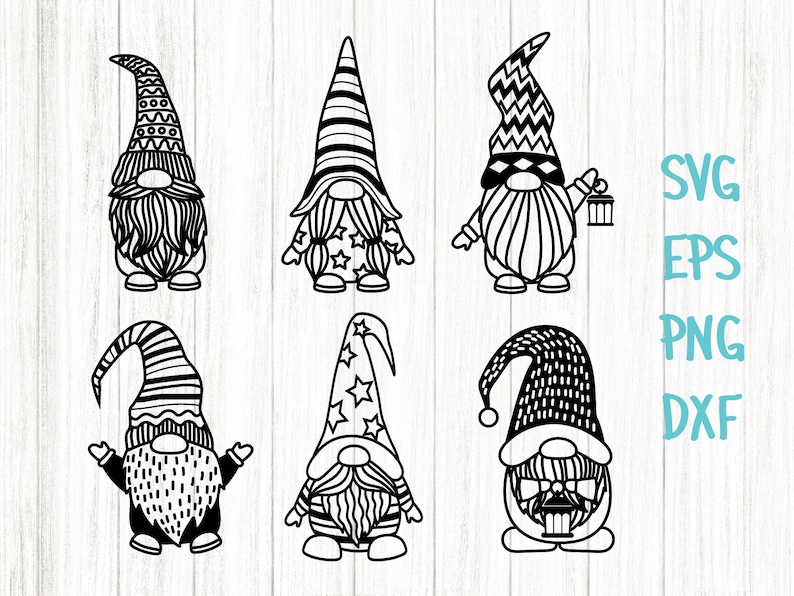 May include: Set of six black and white gnome SVG cut files. Each gnome has a different patterned hat and beard. The gnomes are standing on a white wood background.