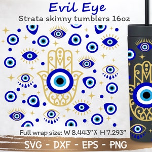 May include: A 16oz skinny tumbler with a full wrap design featuring a repeating pattern of blue and gold evil eyes and a hamsa hand. The tumbler is on a gray background with a straw.