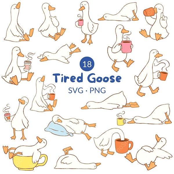 Moe van de gans clipartbundel, Lazy Coffee Goose SVG PNG (digitale download)