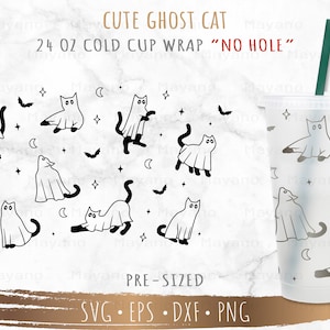 No Hole Full Wrap Cute Ghost Cat DIY for Reusable 24oz Cold Cup, SVG Cut file for Cricut or Silhouette, Digital Download