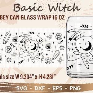 May include: Black and white design for a 16 oz can glass wrap featuring a hand holding a crystal ball with a crescent moon and stars. The design also includes other witchy symbols like eyes, crystals, stars, and pentagrams. The text "Basic Witch" and "Libbey Can Glass Wrap 16 oz" is included in the design. The size of the design is 23.63 cm wide by 10.87 cm high.
