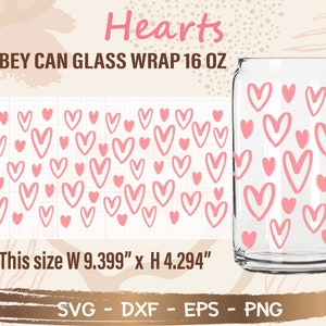 Heart Libbey Can Glass Wrap svg, DIY para Libbey Can Shaped Beer Glass arquivo de corte de 16 onças para Cricut e Silhouette Download instantâneo