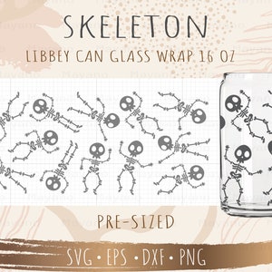 May include: A digital design for a 16 ounce can wrap featuring a repeating pattern of skeletons. The design is pre-sized for a Libbey can glass. The design is available in SVG, EPS, DXF, and PNG formats.