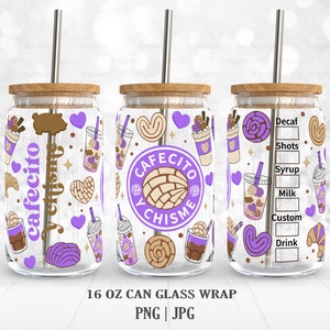 Puede incluir: Tres envoltorios de lata de vidrio de 473 ml con un dise&ntilde;o morado, marr&oacute;n y blanco con el texto "Cafecito y Chisne".