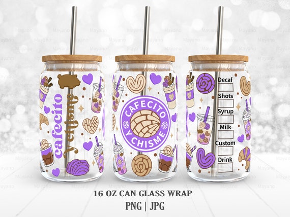 Purple Cafecito Y Chisme 16 oz Libbey Glass Can Wrap, PNG Sublimation Designs Digital Download